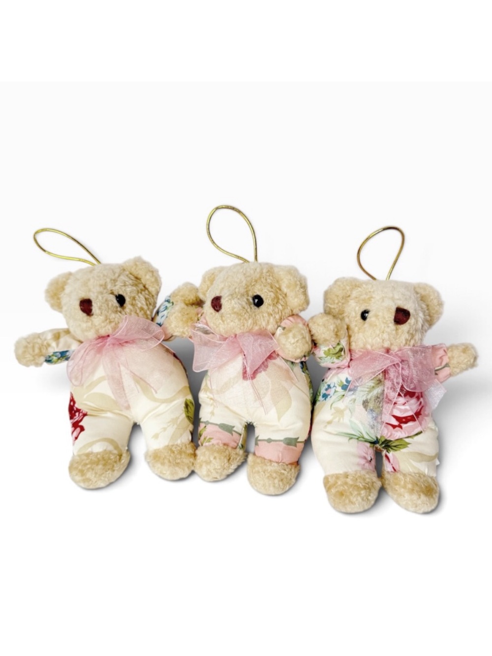 Vintage Set of 3 Cottage Floral Stuffed Teddy Bears Hanging Christmas Ornaments